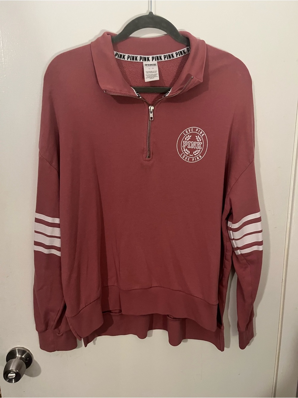 Victoria’s Secret PINK 3/4 Zip Sweatshirt Striped Sleeve Y2K Campus size L